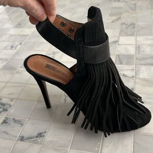 Matiko black suede tassel fringe peep toe heels